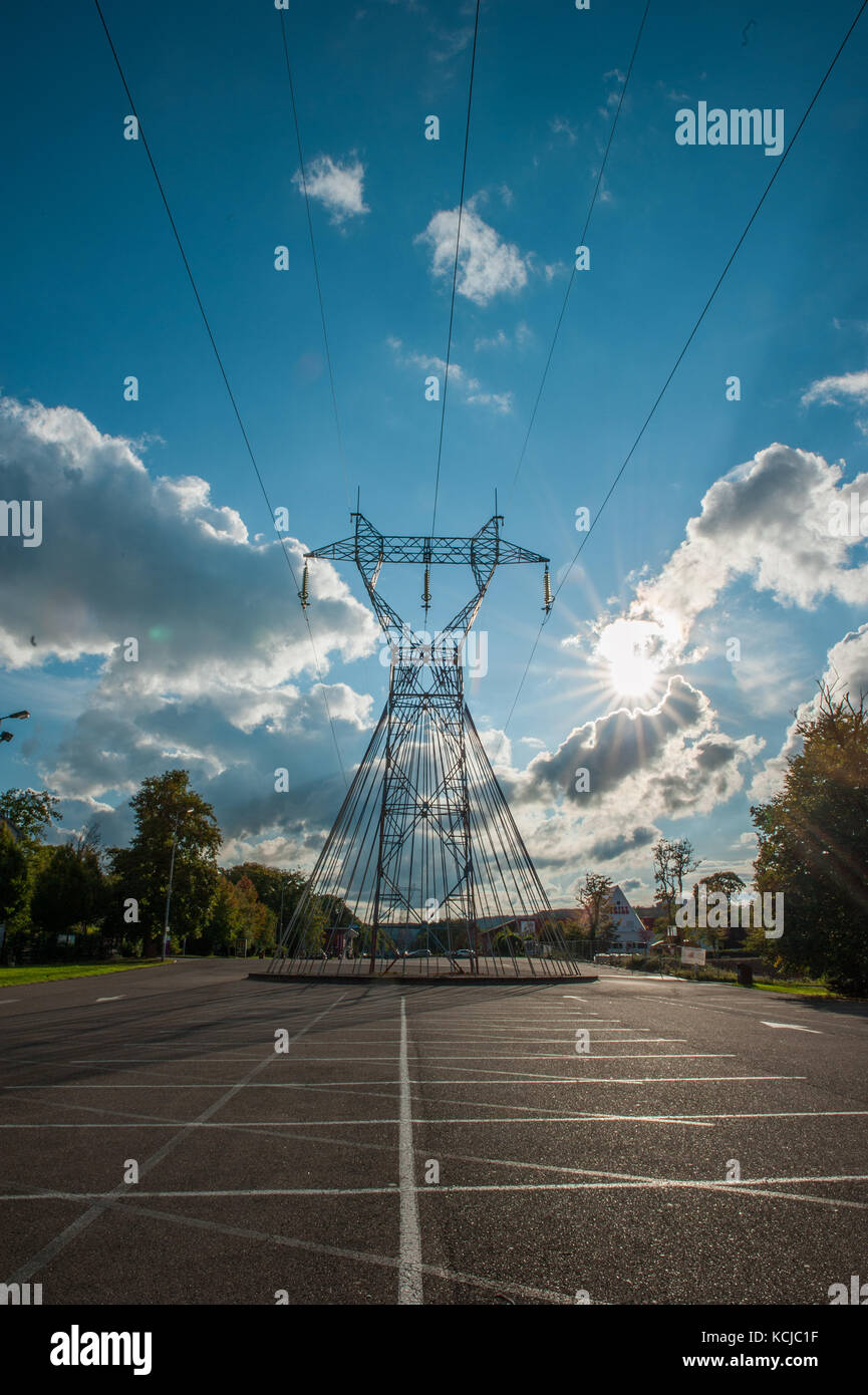 High voltage power lines with blue sky Stock Photo - Alamy