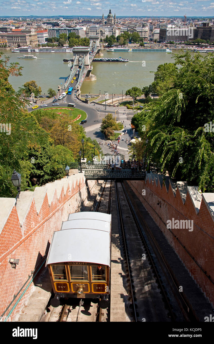 An aerial cityscape view of the Budapest Castle Hill Funicular with the Széchenyi Chain Bridge in Budapest. Stock Photo