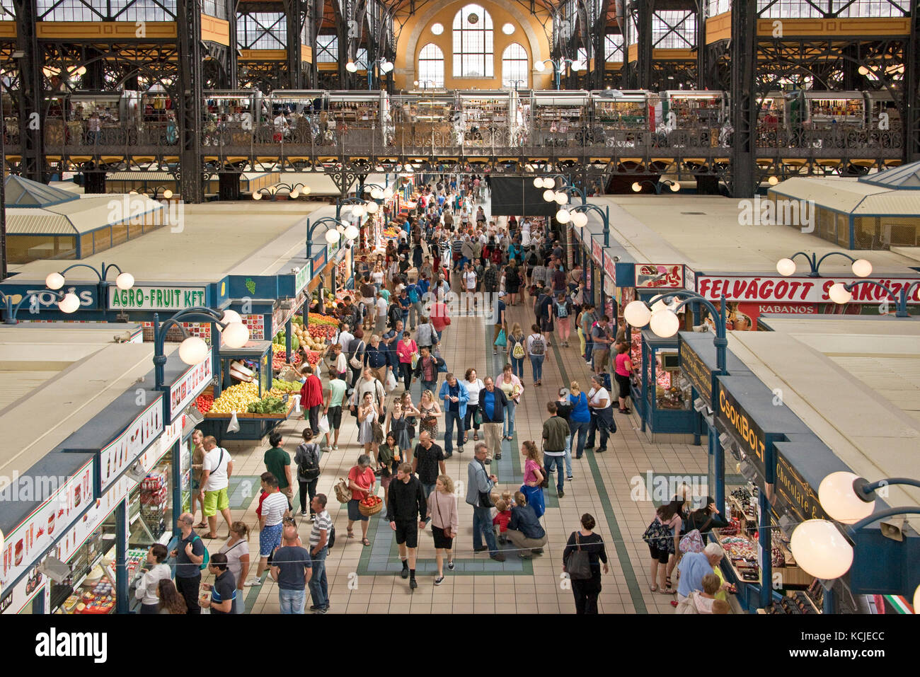 Aerial interior view of The Great Market Hall in Budapest used by many locals and tourists for fresh food, linen, cotton, and souveniers. Stock Photo