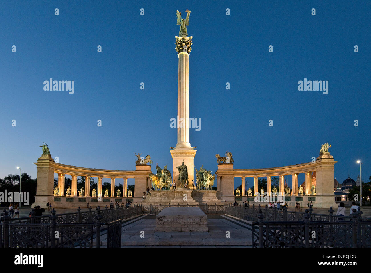 A view of Heroes' Square - Hősök tere - in Budapest at night evening dusk. Stock Photo
