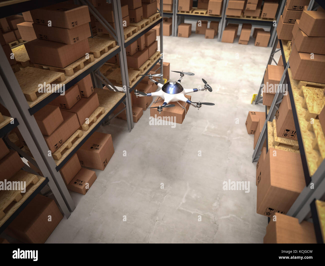 modern drone work in warehouse 3d rendering image Stock Photo