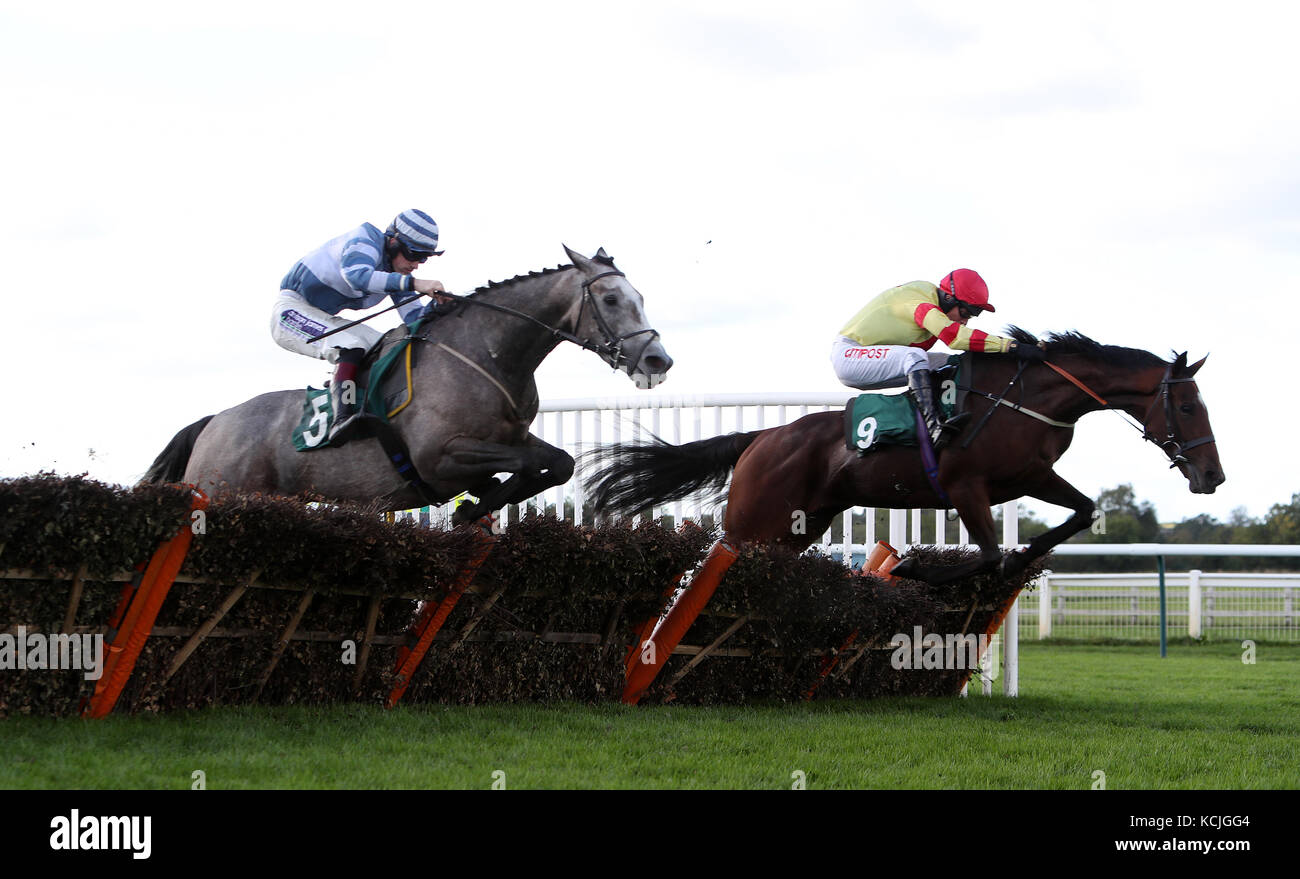 The Welsh Paddies ridden by Noel Fehily beats Jabulani ridden by Sam Twiston-Davies in the Whites-Buyers Of All Scrap Metal Maiden Hurdle at Warwick Racecourse. Stock Photo