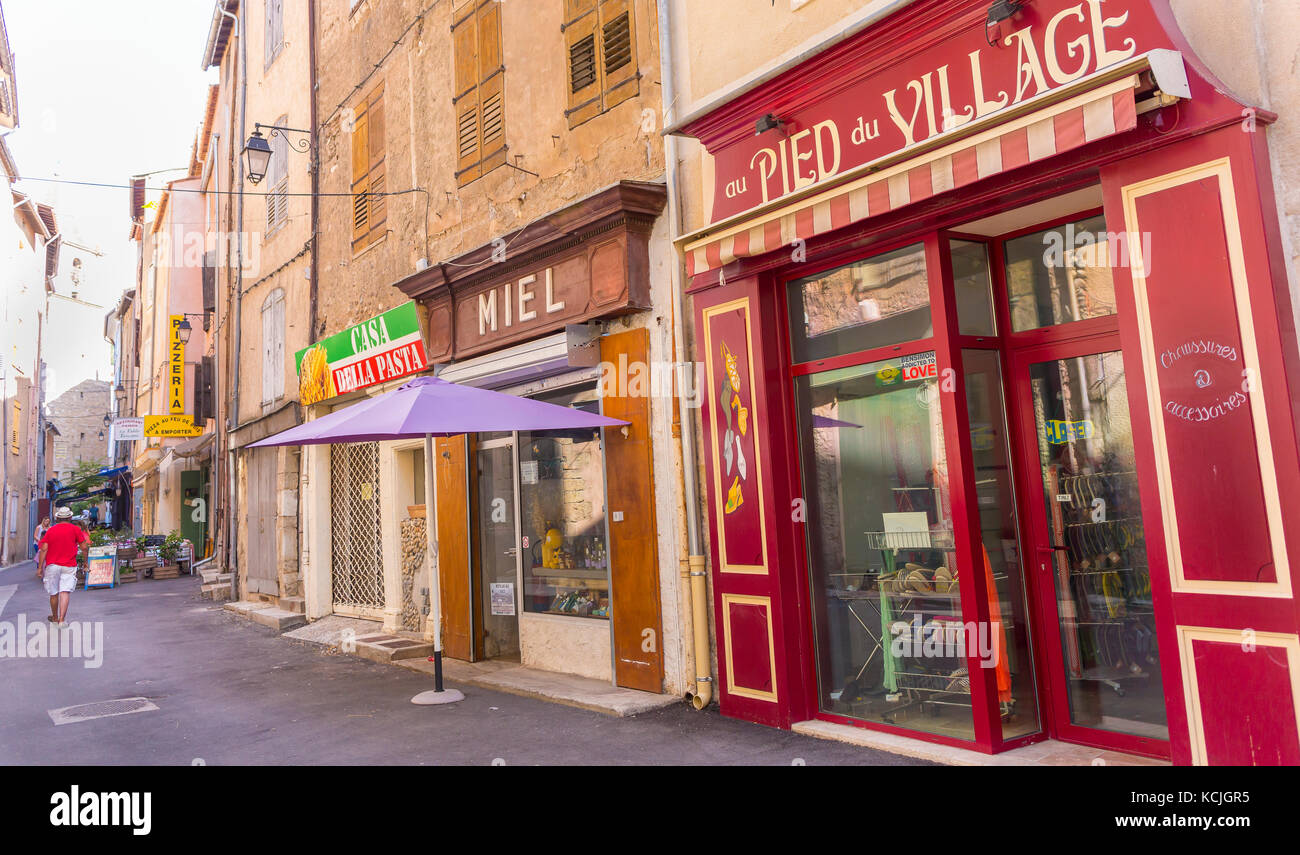 RIEZ, PROVENCE, FRANCE - Shops in village of Riez. Stock Photo