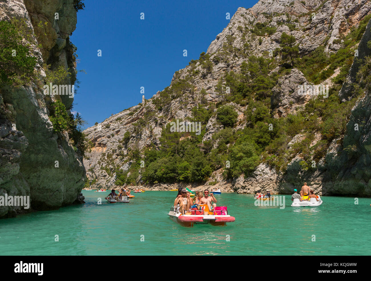 VERDON GORGE, PROVENCE, FRANCE - People boating on river, Gorges du Verdon. Stock Photo