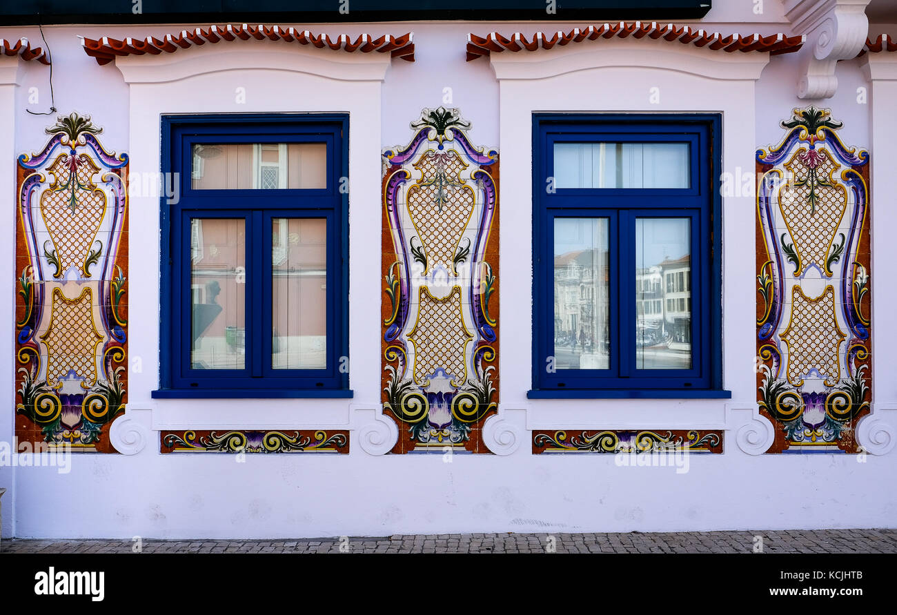 Historical building at the city center of Aveiro in Portugal, showing colorful and traditional Portuguese ceramic tiles in the exterior walls. Stock Photo