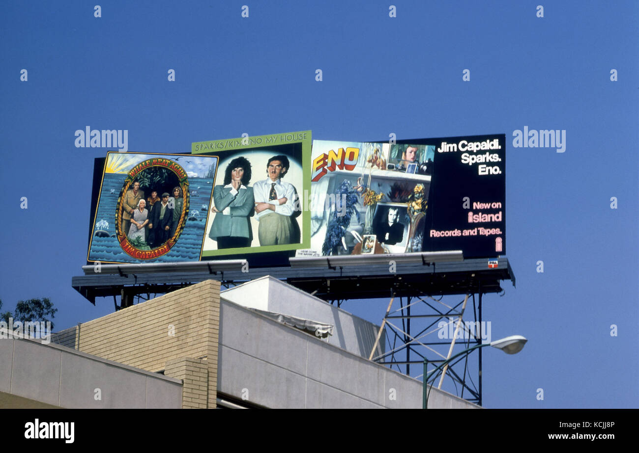 Billboard for Island records circa 1974 featuring Jim Capaldi, Sparks and Eno Stock Photo