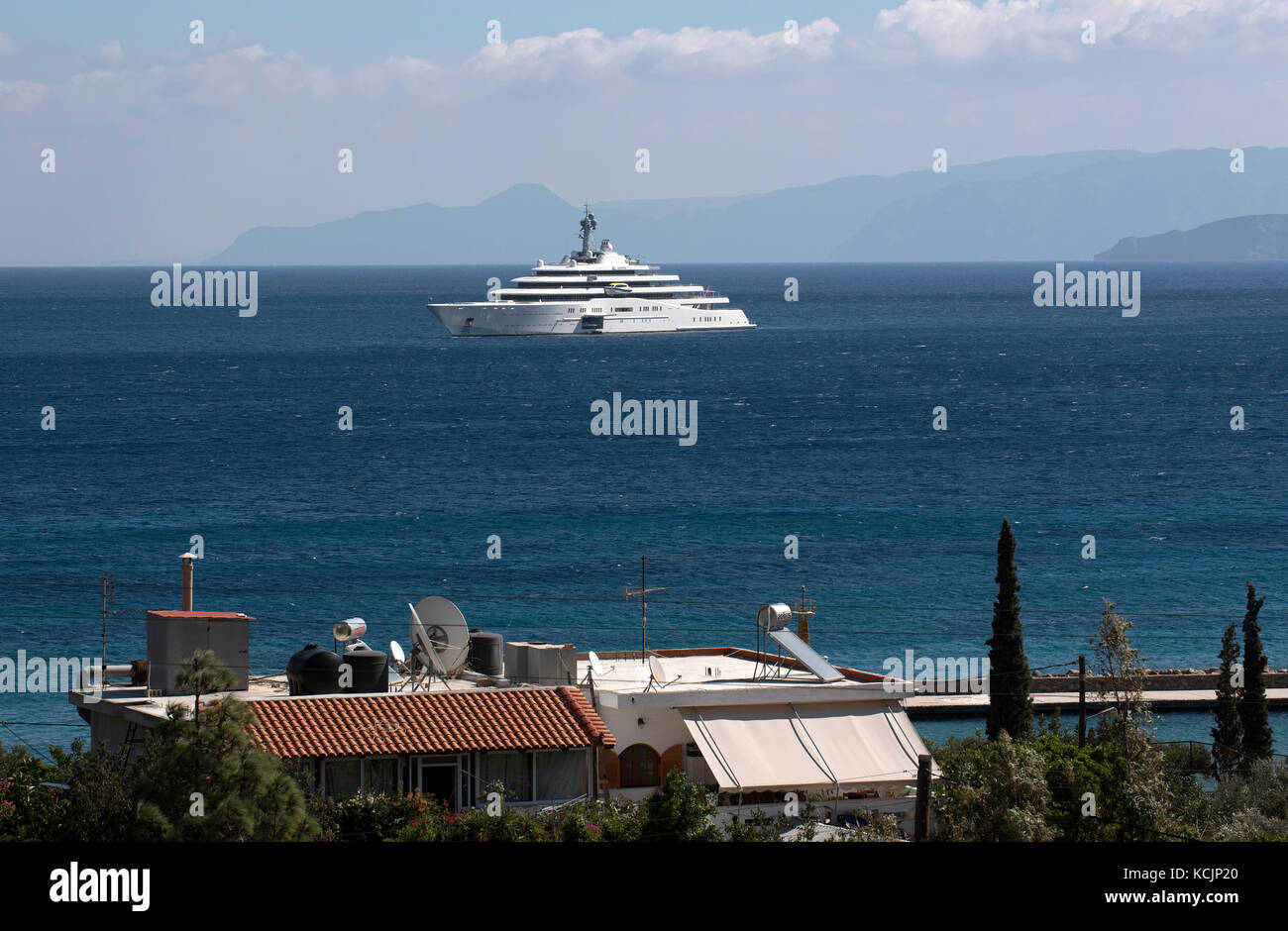Crete, Greece. 5th Oct, 2017. Super yacht owned by Roman Abramovich, the Eclipse at anchor in Agios Nikolaos Bay, Crete Stock Photo