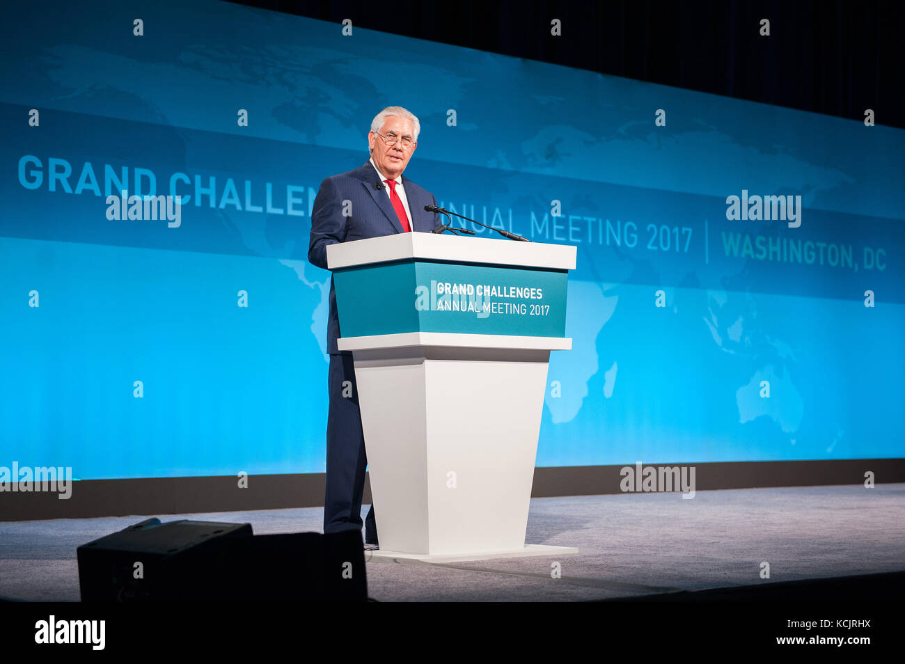 Washington, United States Of America. 04th Oct, 2017. U.S. Secretary of State Rex Tillerson addresses the 13th Annual Grand Challenges Meeting co-hosted by the Bill & Melinda Gates Foundation, United States Agency for International Development, Grand Challenges Canada, and the Wellcome Trust at the Washington Marriott Marquis October 4, 2017 in Washington, DC Credit: Planetpix/Alamy Live News Stock Photo