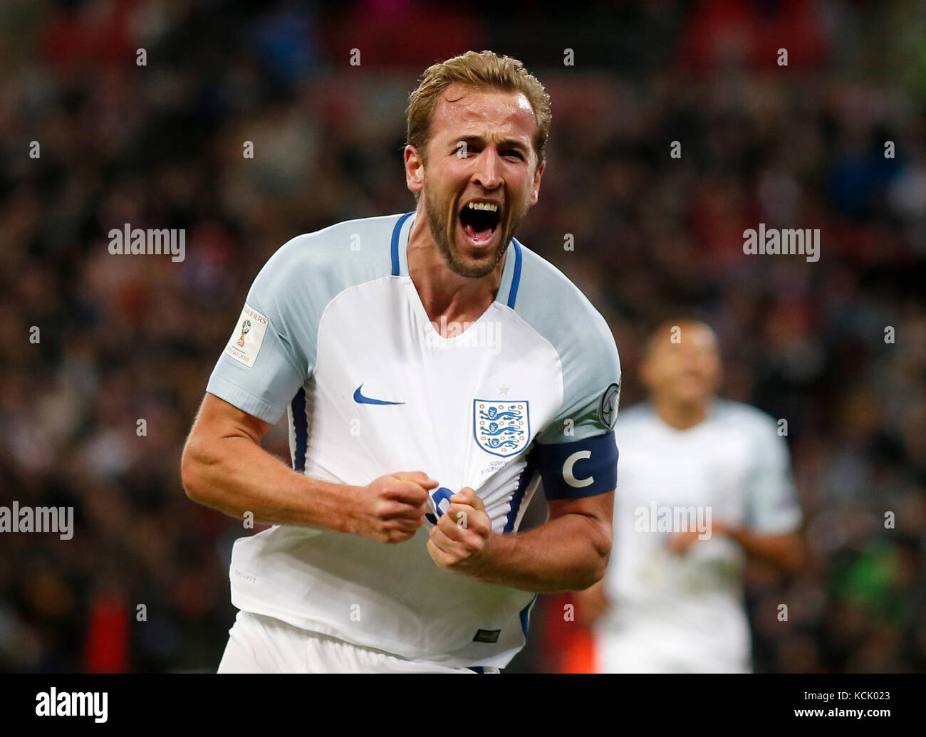 London, UK. 05th Oct, 2017. London, UK. 05th Oct, 2017. Harry Kane of England celebrates after making it 1-0 during the Group F World Cup qualifier between England and Slovenia played at Wembley Stadium, London on 5th October 2017 Credit: Jason Mitchell/Alamy Live News Credit: Jason Mitchell/Alamy Live News Stock Photo