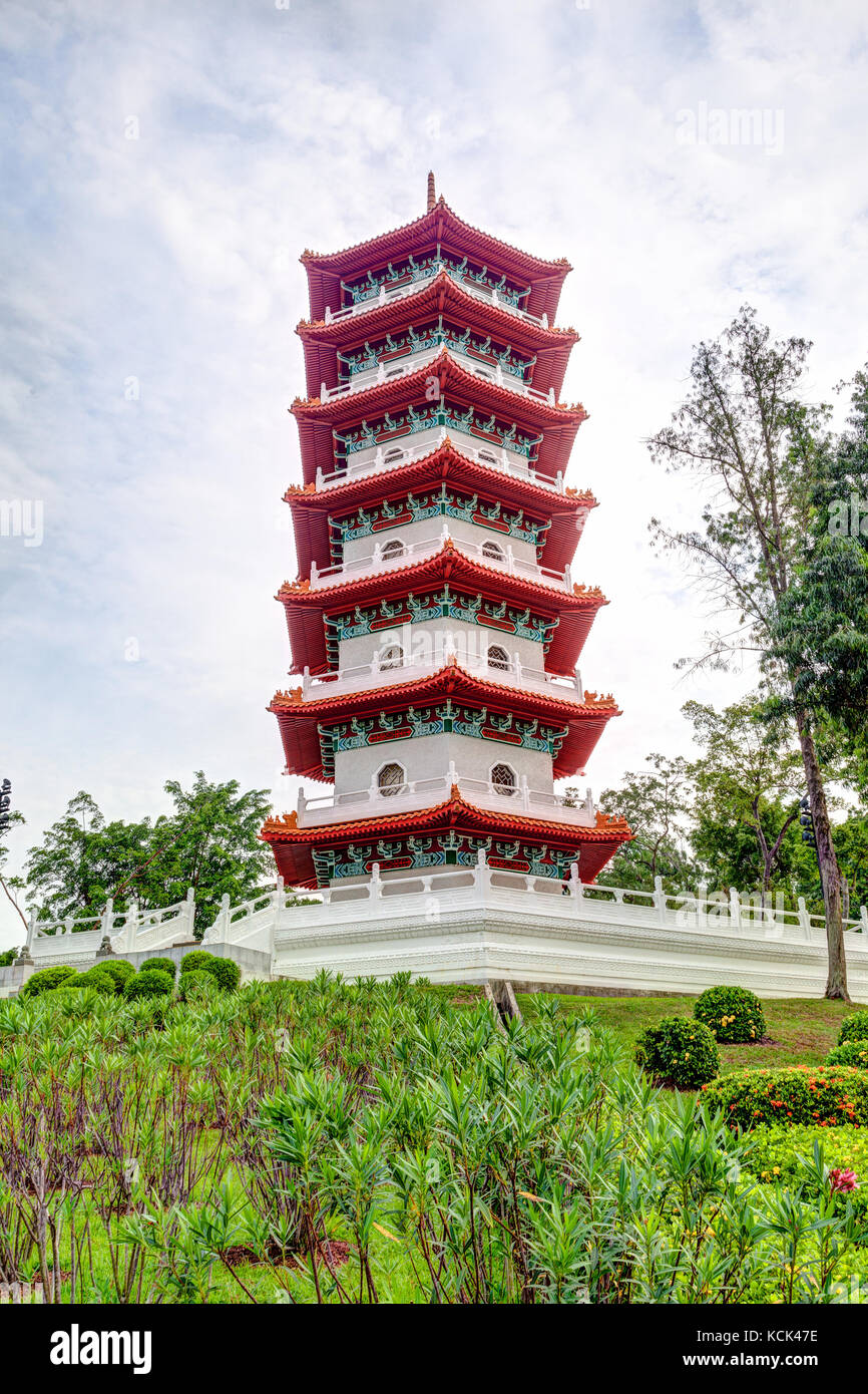 The 7-storey Chinese pagoda in Singapore's Jurong Lake Gardens public park. The structure has 185 steps to reach the top. Stock Photo