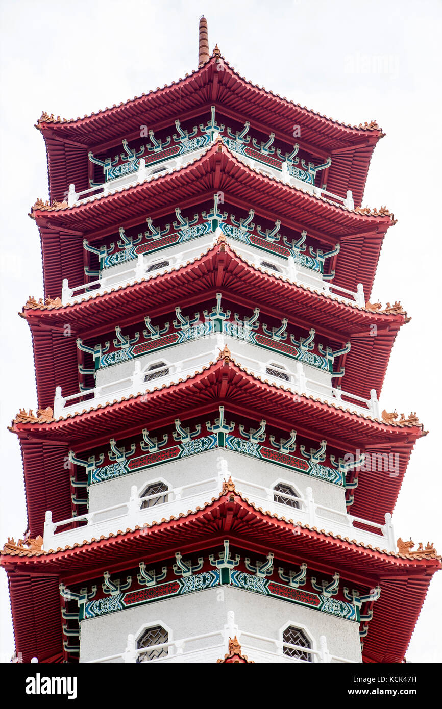 The 7-storey Chinese pagoda in Singapore's Jurong Lake Gardens public park. The structure has 185 steps to reach the top. Stock Photo