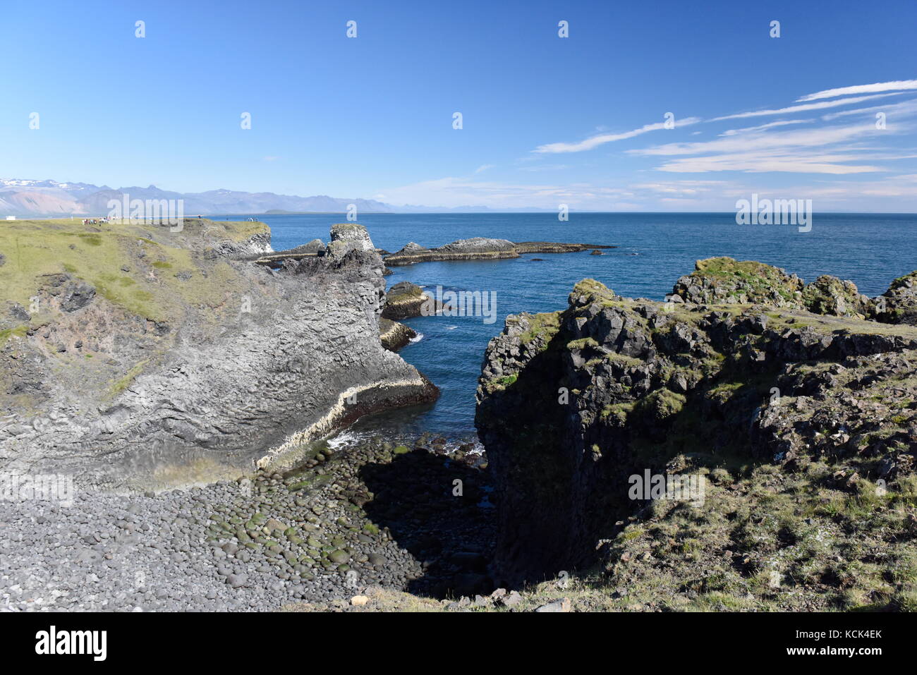 Shoreline and cliffs of basalt rock at Arnarstapi nature reserve seen ...