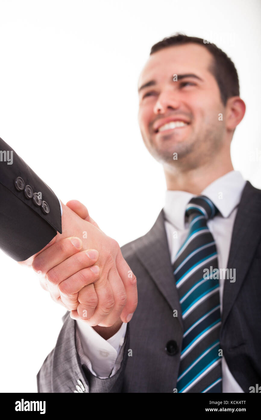 Portrait Of Two Businessman Shaking Hand Over White Background Stock Photo Alamy