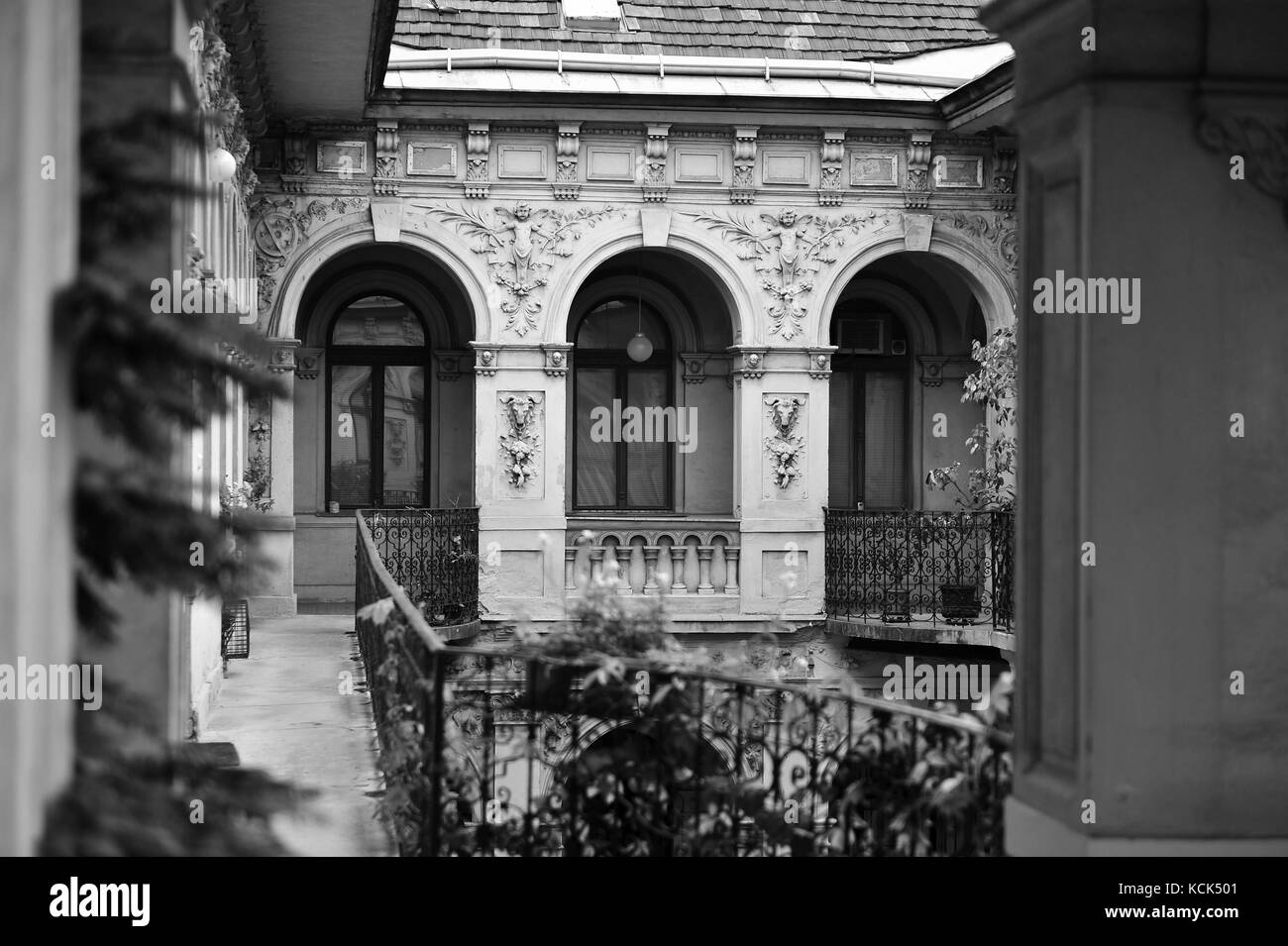 Monochrome picture of courtyard house in Europe Stock Photo