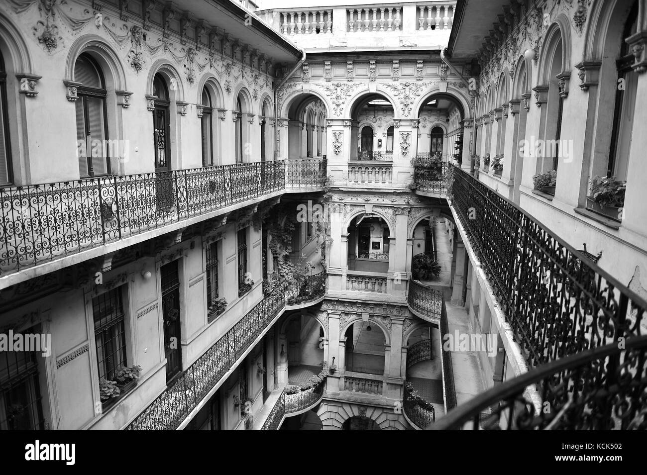 Monochrome picture of the european courtyard house Stock Photo