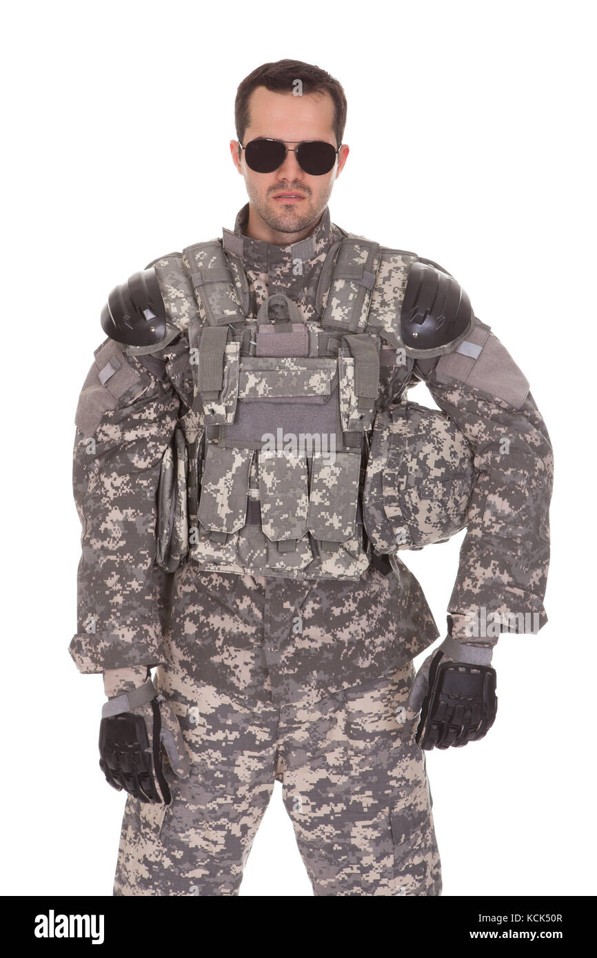 Soldier Holding Rifle Isolated Over White Background Stock Photo - Alamy