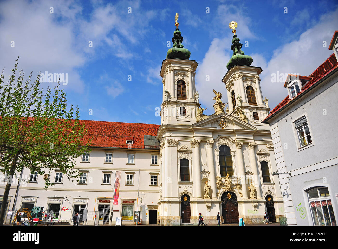GRAZ, AUSTRIA - APRIL 15: Baroque church in the street of Graz, Austria ...