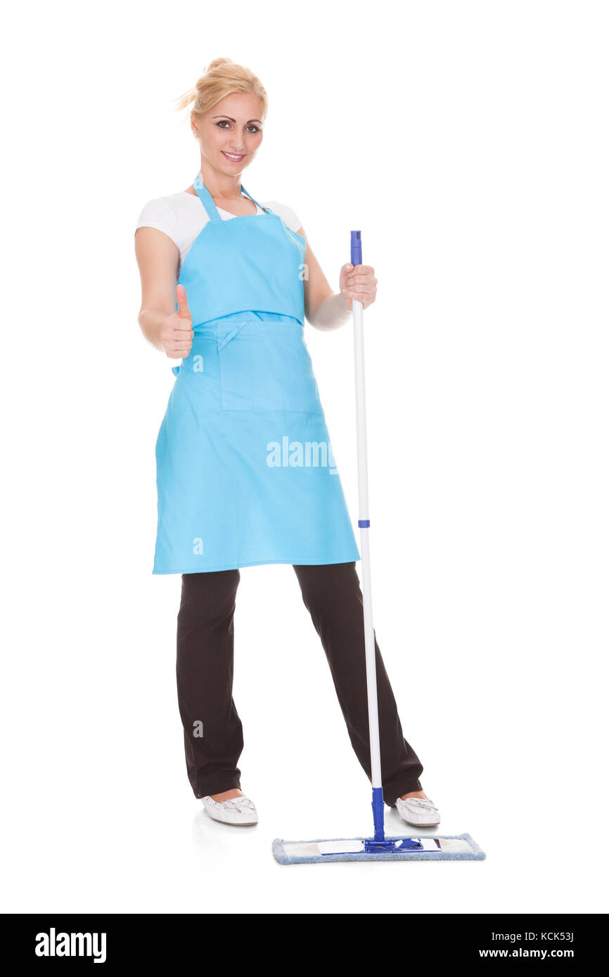 Happy Woman Holding Broom Over White Background Stock Photo - Alamy