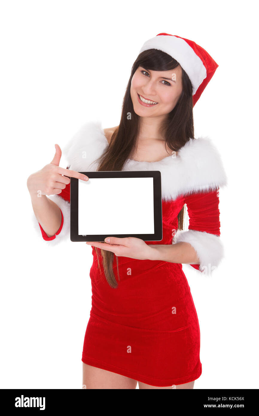 Female Santa Holding Tablet On White Background Stock Photo - Alamy