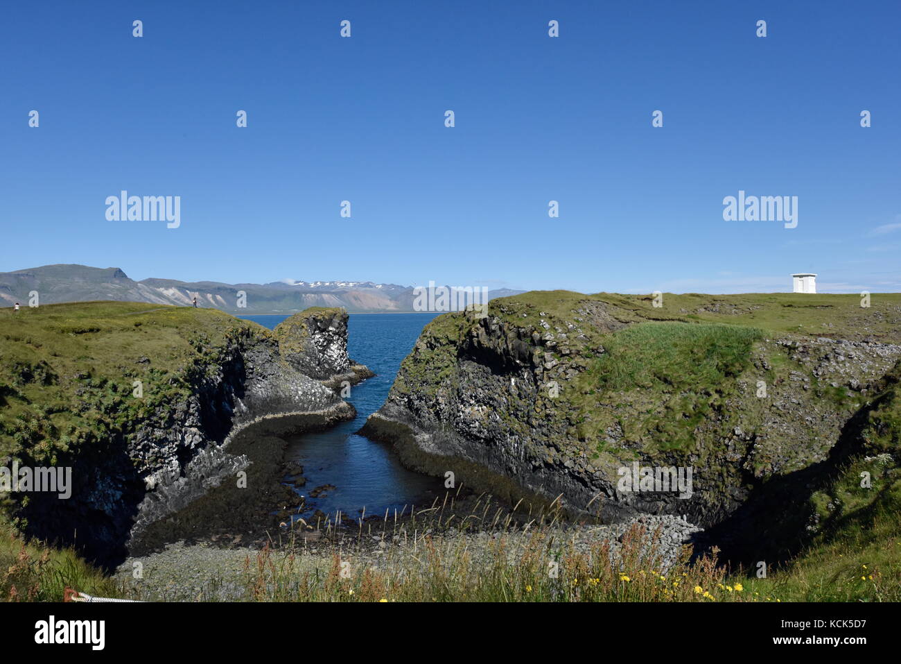 Shoreline and cliffs of basalt rock at Arnarstapi nature reserve seen ...