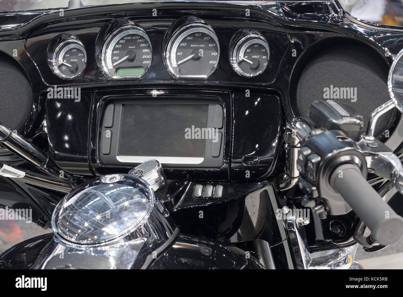 Wide set handlebar of motorcycle, indoor photo Stock Photo Alamy