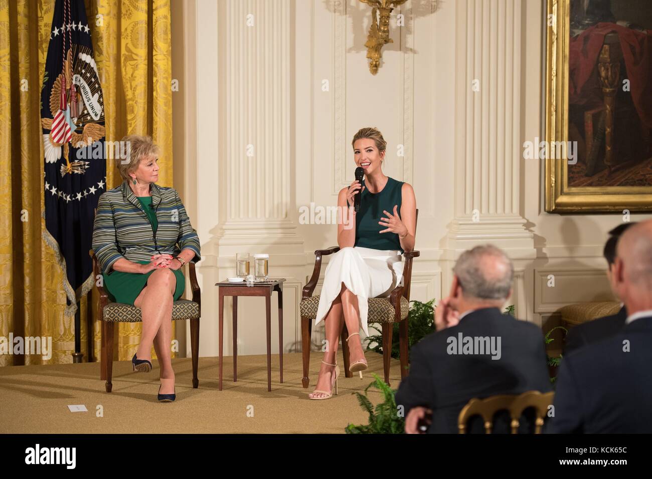 Small Business Administration Administrator Linda McMahon (left) and U.S. First Daughter Ivanka Trump answer questions during The Engine of the American Dream small business owners event at the White House East Room August 1, 2017 in Washington, DC.  (photo by Andrea Hanks via Planetpix) Stock Photo