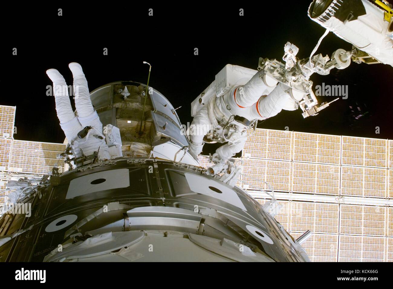 NASA International Space Station Space Shuttle Endeavour STS-88 mission prime crew member American astronauts James Newman (left) and Jerry Ross work on the ISS Zarya and Unity Modules during an extravehicular spacewalk December 8, 1998 in Earth orbit.  (photo by NASA Photo  via Planetpix) Stock Photo