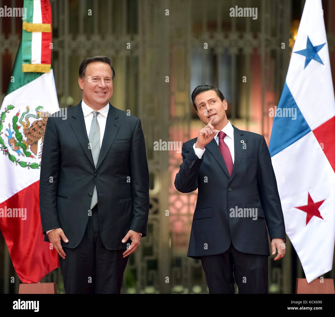 Panamanian President Juan Carlos Varela Rodriguez (left) meets with Mexican President Enrique Pena Nieto during a visit to the National Palace November 14, 2016 in Mexico City, Mexico.  (photo by Mexican Presidency Photo  via Planetpix) Stock Photo