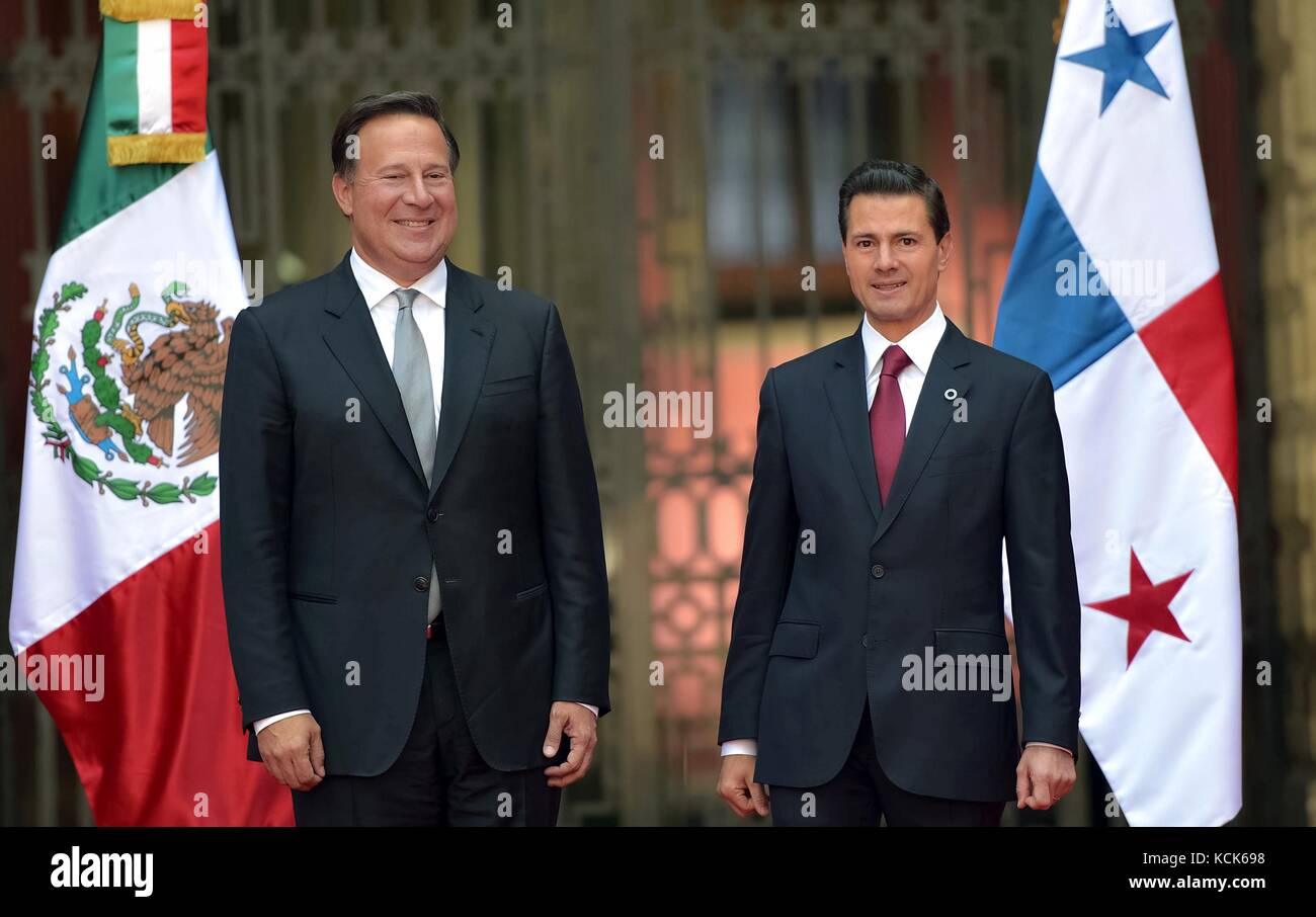 Panamanian President Juan Carlos Varela Rodriguez (left) meets with Mexican President Enrique Pena Nieto during a visit to the National Palace November 14, 2016 in Mexico City, Mexico.  (photo by Mexican Presidency Photo  via Planetpix) Stock Photo