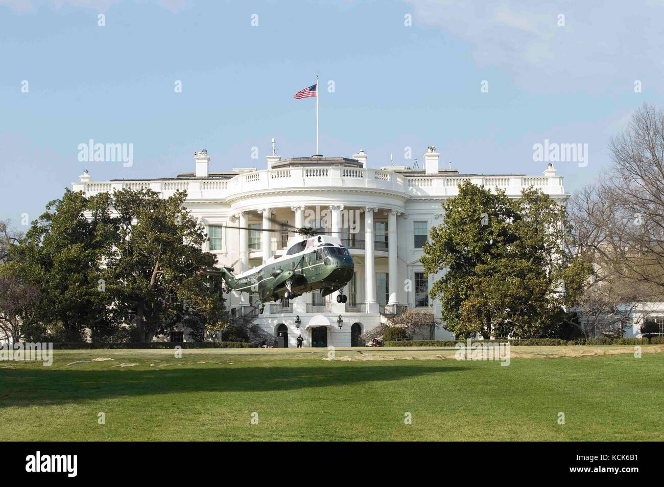 U.S. Marine Corps pilots practice take-offs and landings in the Marine One SH-3 Sea King helicopter on the White House south lawn March 18, 2017 in Washington, DC.  (photo by Micha R. Pierce  via Planetpix) Stock Photo