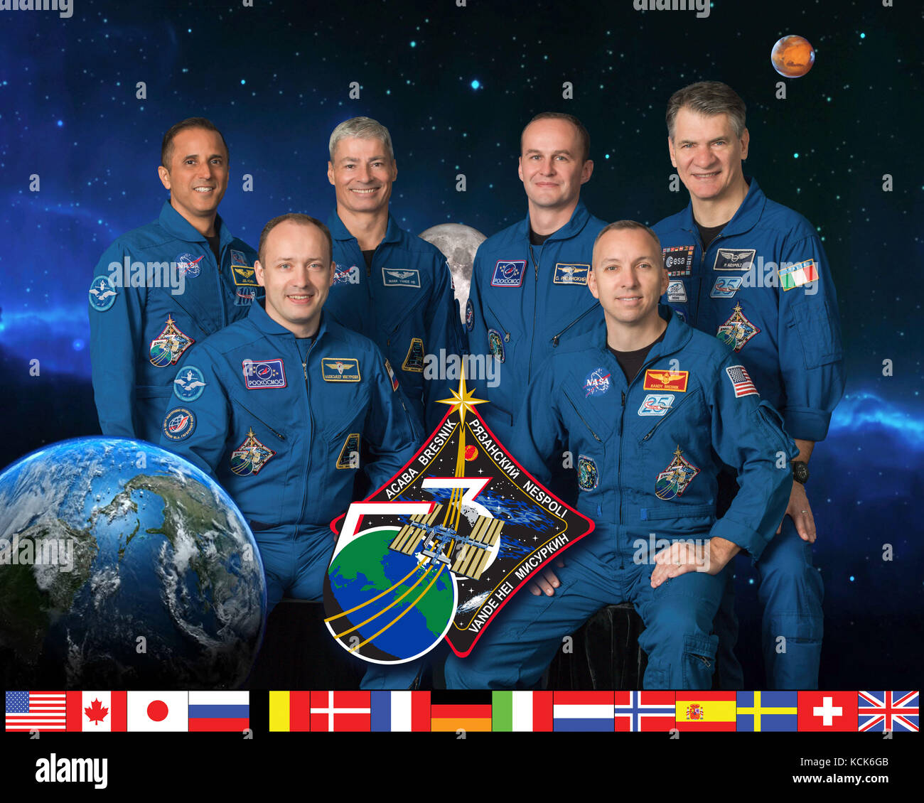 Official portrait of NASA International Space Station Expedition 53 prime crew members (L-R, front) Russian cosmonaut Alexander Misurkin of Roscosmos, American astronauts Randy Bresnik, (L-R, back) Joe Acaba and Mark Vande Hei, Russian cosmonaut Sergey Ryazanskiy of Roscosmos, and Italian astronaut Paolo Nespoli of the European Space Agency at the Johnson Space Center June 20, 2017 in Houston, Texas.  (photo by NASA Photo  via Planetpix) Stock Photo