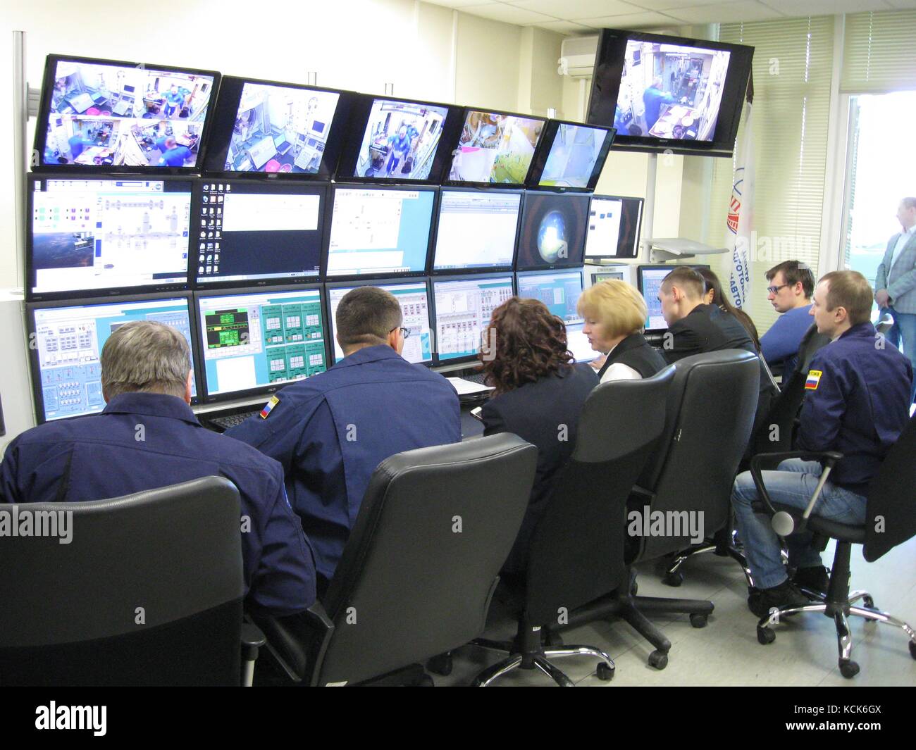 Control room technicians watch NASA International Space Station Soyuz MS-04 Expedition 51 prime crew members Russian cosmonaut Fyodor Yurchikhin of Roscosmos and American astronaut Jack Fischer conduct their final qualification exams at the Gagarin Cosmonaut Training Center March 30, 2017 in Star City, Russia.  (photo by Rob Navias  via Planetpix) Stock Photo