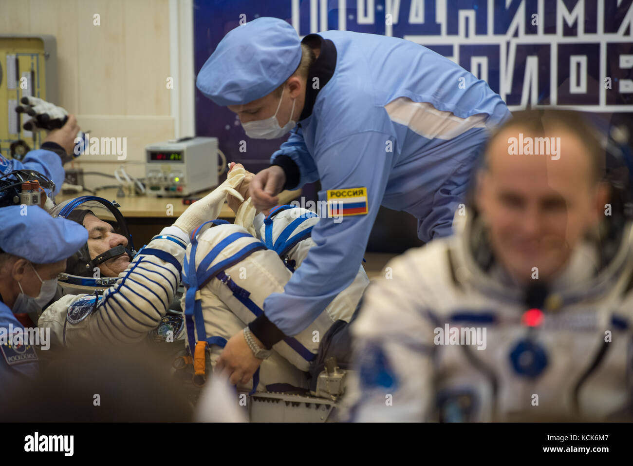 NASA International Space Station Expedition 52 prime crew member Italian astronaut Paolo Nespoli of the European Space Agency has his Sokol spacesuit pressure checked in preparation for the Soyuz MS-05 launch at the Baikonur Cosmodrome July 28, 2017 in Baikonur, Kazakhstan.  (photo by Joel Kowsky  via Planetpix) Stock Photo