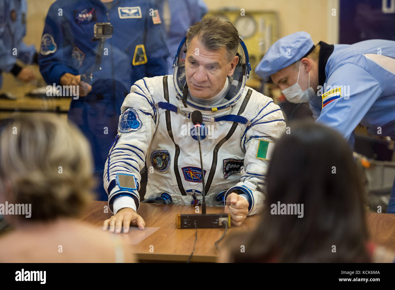 NASA International Space Station Expedition 52 prime crew member Italian astronaut Paolo Nespoli of the European Space Agency speaks to family and friends after having his Sokol spacesuit pressure checked in preparation for the Soyuz MS-05 launch at the Baikonur Cosmodrome July 28, 2017 in Baikonur, Kazakhstan.  (photo by Joel Kowsky  via Planetpix) Stock Photo