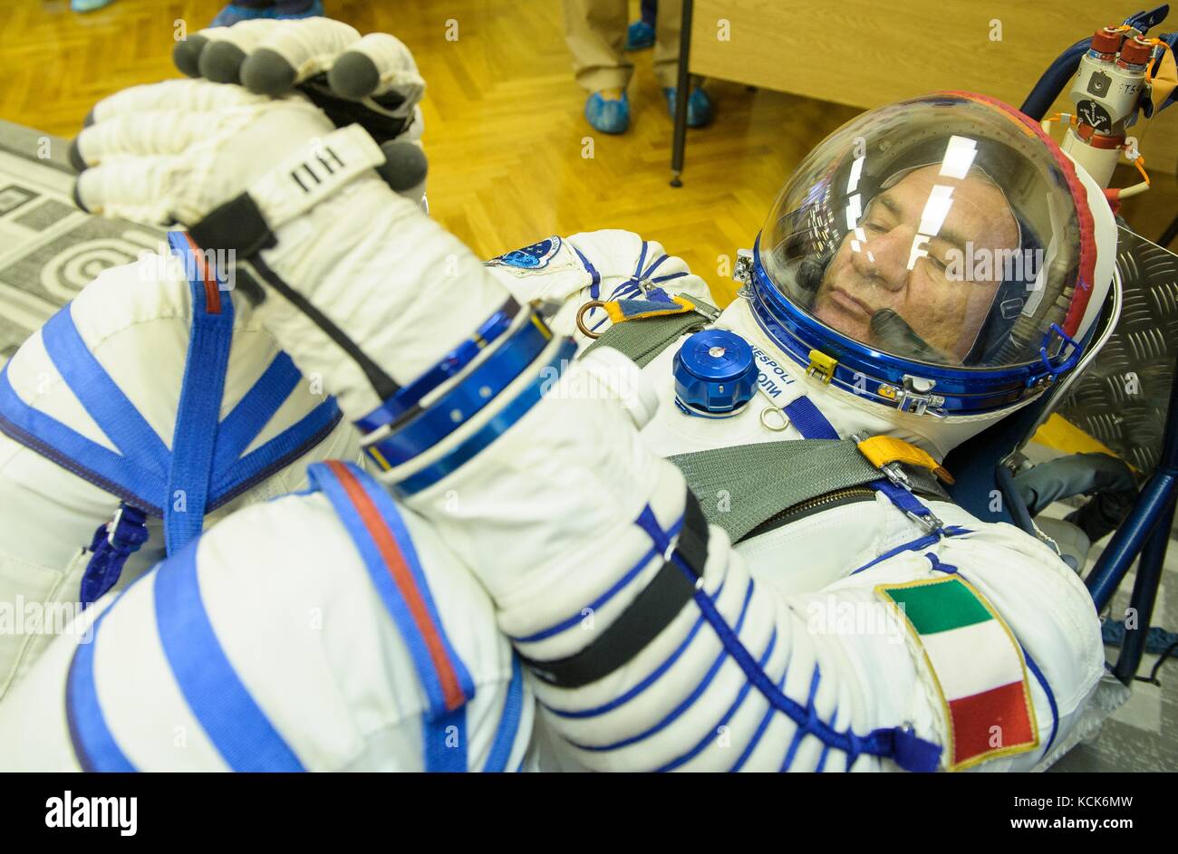 NASA International Space Station Expedition 52 prime crew member Italian astronaut Paolo Nespoli of the European Space Agency has his Sokol spacesuit pressure checked in preparation for the Soyuz MS-05 launch at the Baikonur Cosmodrome July 28, 2017 in Baikonur, Kazakhstan.  (photo by Andrey Shelepin  via Planetpix) Stock Photo