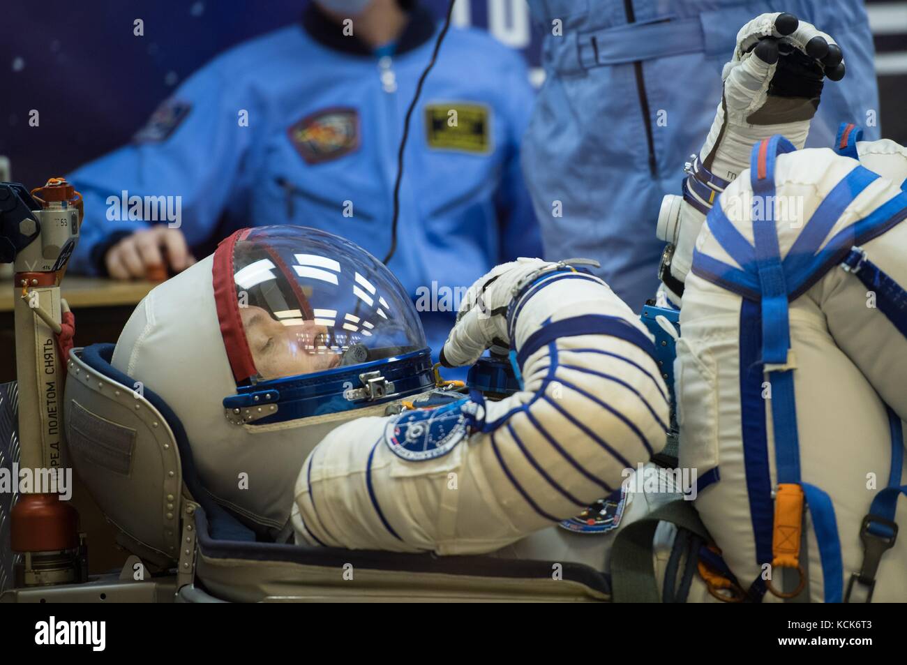 NASA International Space Station Expedition 52 prime crew member American astronaut Randy Bresnik has his Sokol spacesuit pressure checked in preparation for the Soyuz MS-05 launch at the Baikonur Cosmodrome July 28, 2017 in Baikonur, Kazakhstan.  (photo by Joel Kowsky  via Planetpix) Stock Photo