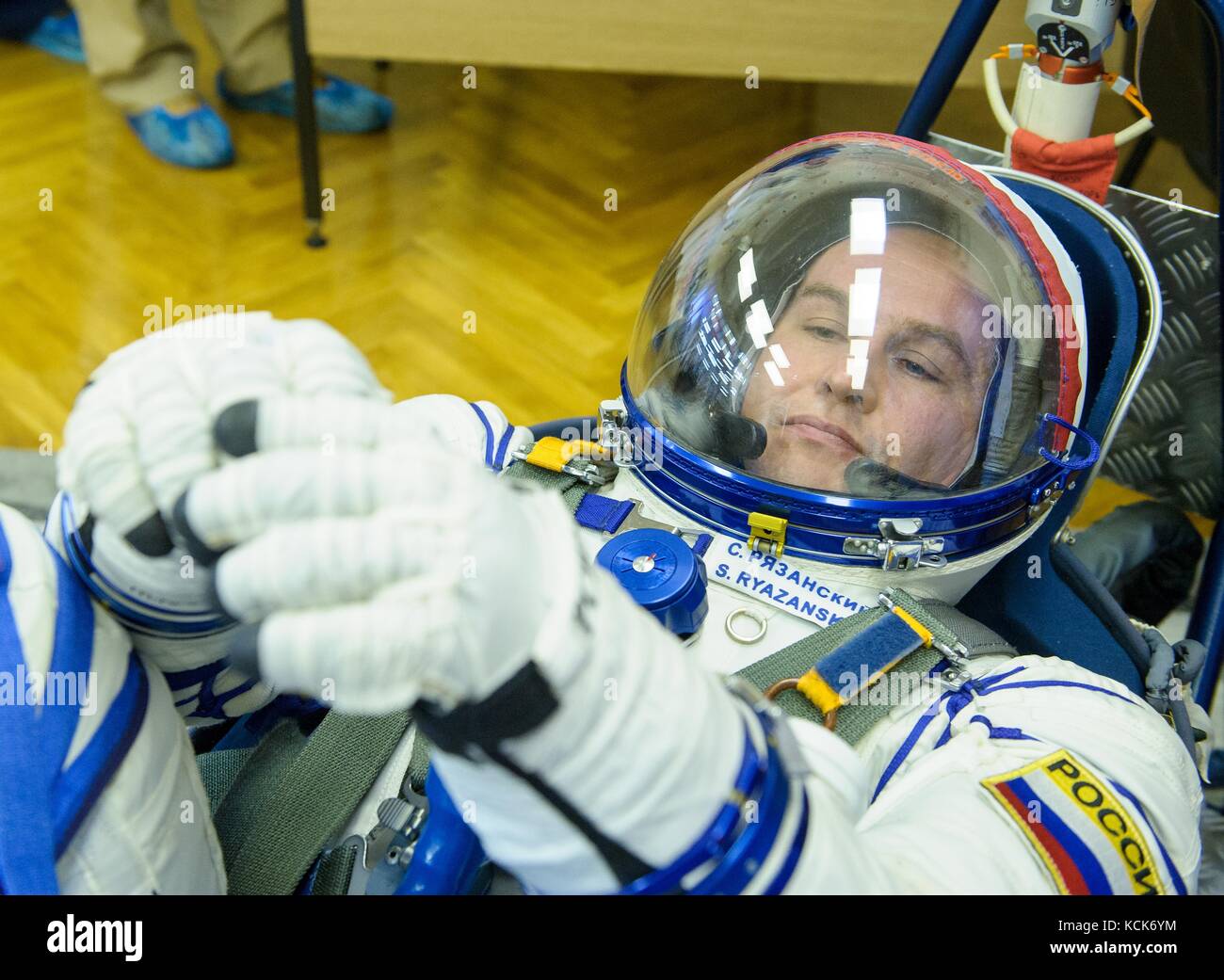 NASA International Space Station Expedition 52 prime crew member Russian cosmonaut Sergey Ryazanskiy of Roscosmos has his Sokol spacesuit pressure checked in preparation for the Soyuz MS-05 launch at the Baikonur Cosmodrome July 28, 2017 in Baikonur, Kazakhstan.  (photo by Andrey Shelepin  via Planetpix) Stock Photo