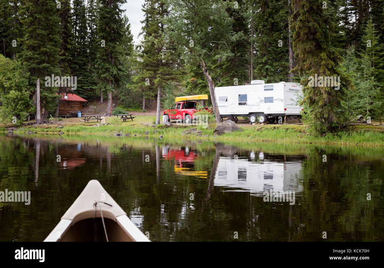 Canada, British Columbia, Chilcotin region, Nimpo Lake, RV camping, vacation, holiday, canoe, campsite, Stock Photo