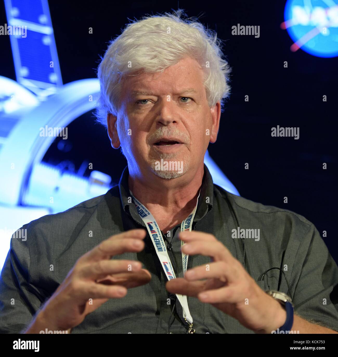 Honeybee Robotics Co-Founder Stephen Gorevan speaks during the Intrepid Space and Science Festival Big Picture panel discussion at the Intrepid Sea, Air and Space Museum August 5, 2017 in New York City, New York.  (photo by Bill Ingalls  via Planetpix) Stock Photo