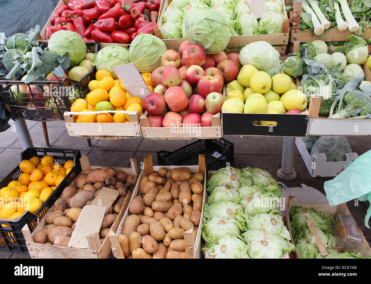 Fresh organic fruits and vegetables on market stall Stock Photo - Alamy