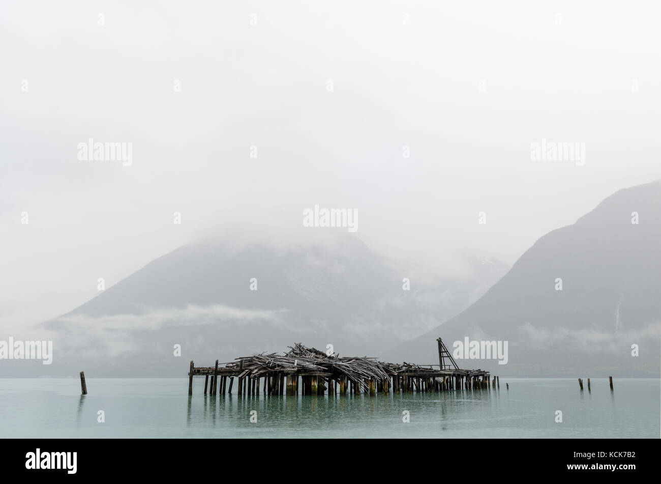 Canada, British Columbia, Bella Coola, Tallheo Cannery, abandonned salmon cannery,  central coast, pilings, Bentinck Arm, Pacific Ocean, Stock Photo