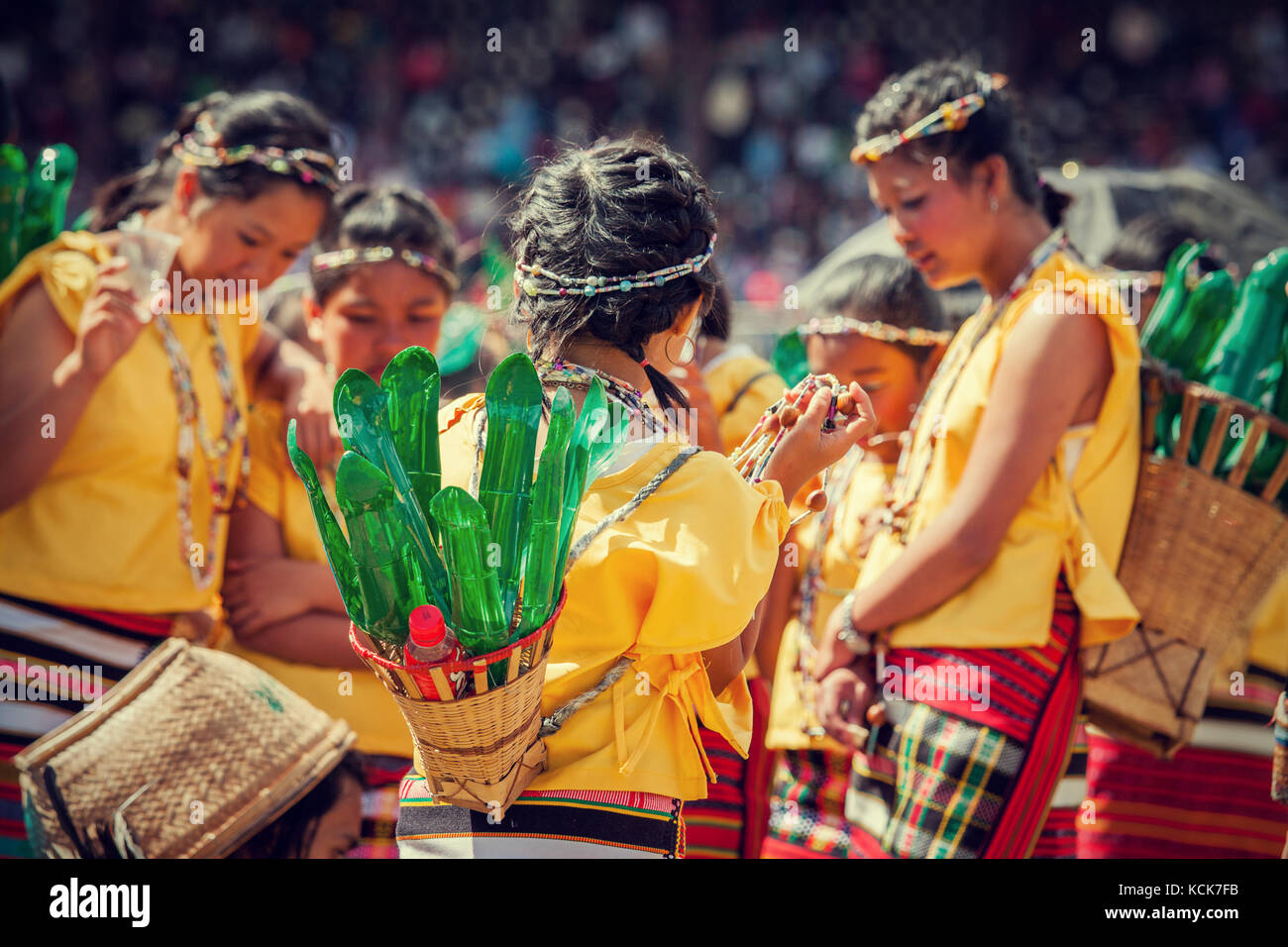 Bows and arrows and fancy dress, Filipino girls take part in the annual Panagbenga Festival (Blooming Flowers Festival) or the Baguio Flower Festival Stock Photo