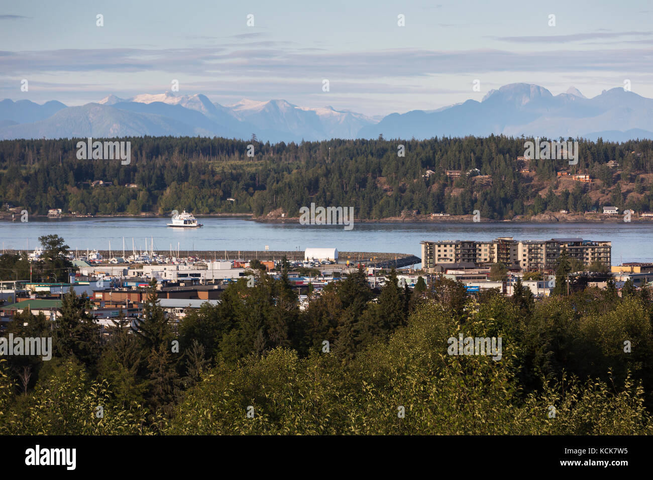 BC Ferry MV Powell River Queen sails along it's regular route across Discovery Passage from Quadra Island to Campbell River.  Campbell River, Vancouver Island, British Columbia, Canada. Stock Photo