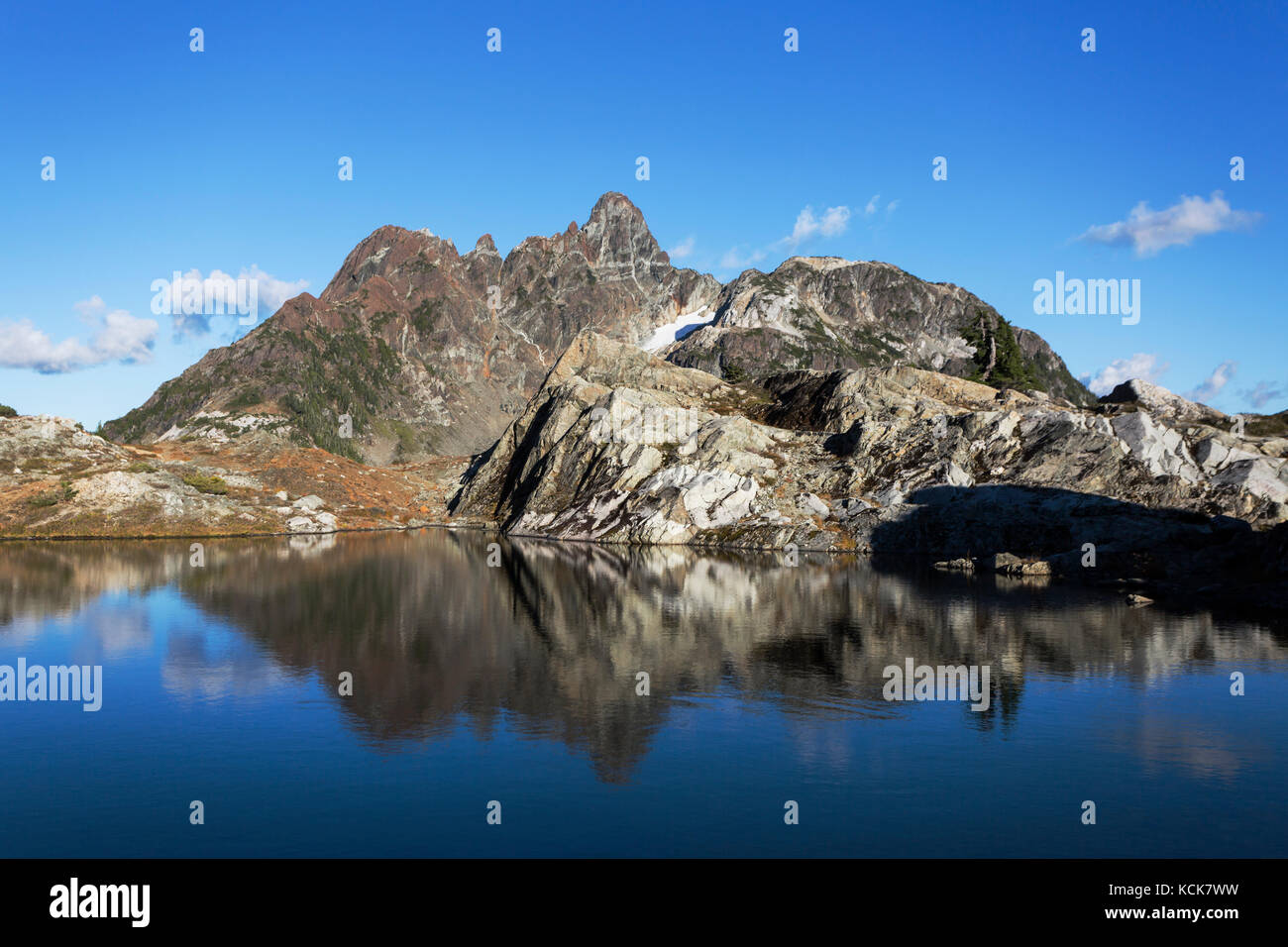 The Mt. Septimus massif is refected in a large tarn, near Cream Lake in Strathcona Park, Strathcona Park, Central Vancouver Island, British Columbia, Canada Stock Photo