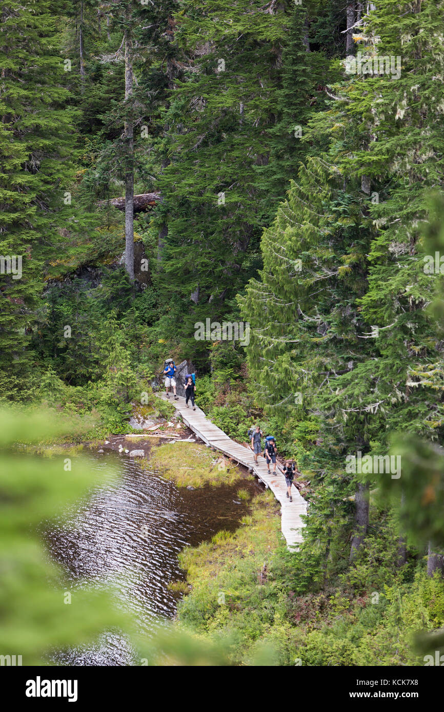 A small group of hikers on boardwalks bypasses Baby Bedwell Lake in Strathcona Park.  Strathcona Park, Central Vancouver Island, British Columbia, Canada Stock Photo