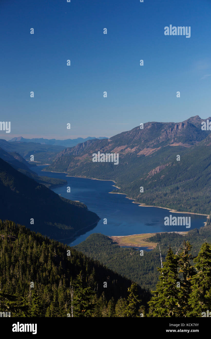 Scenic view looking down from Flower Ridge onto Buttle Lake, Strathcona Park, Central Vancouver Island, British Columbia, Canada Stock Photo