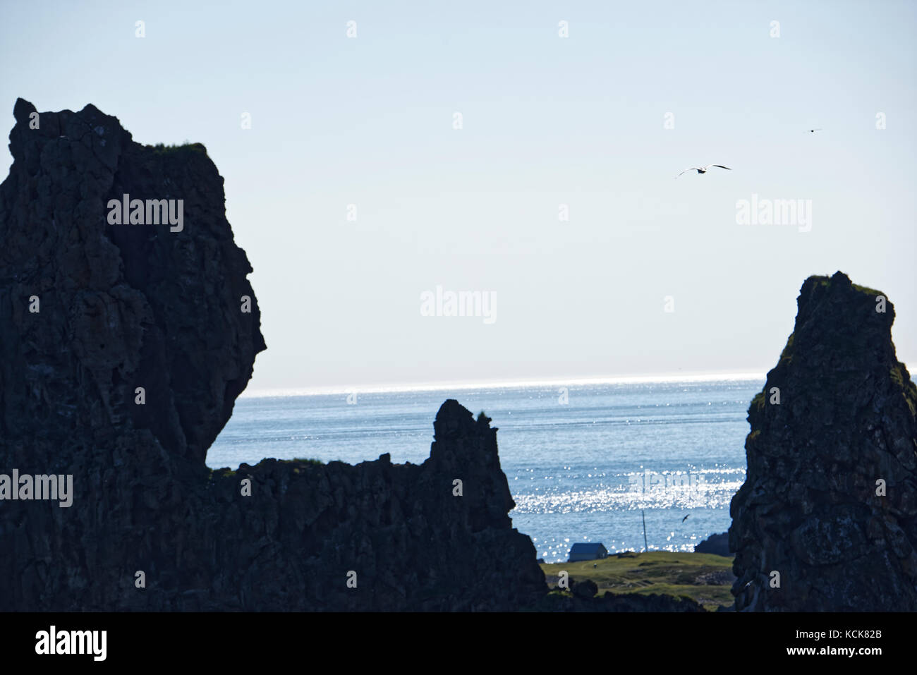 Shoreline and cliffs of basalt rock at Arnarstapi nature reserve seen ...