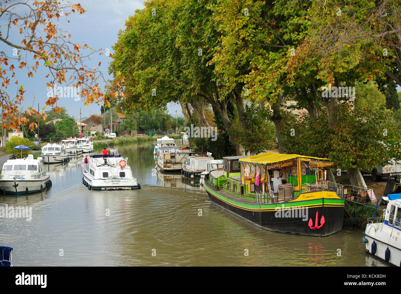 bakery boat in Canal du Midi at le Somail, Aude Department, Languedoc-Roussillon, France Stock Photo