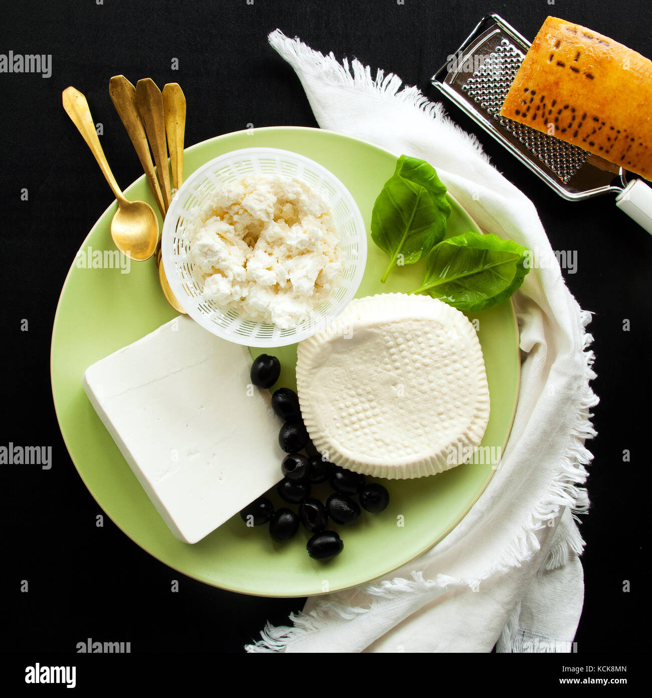 Ricotta, Feta and sheep Cheese. group of white cheeses on the