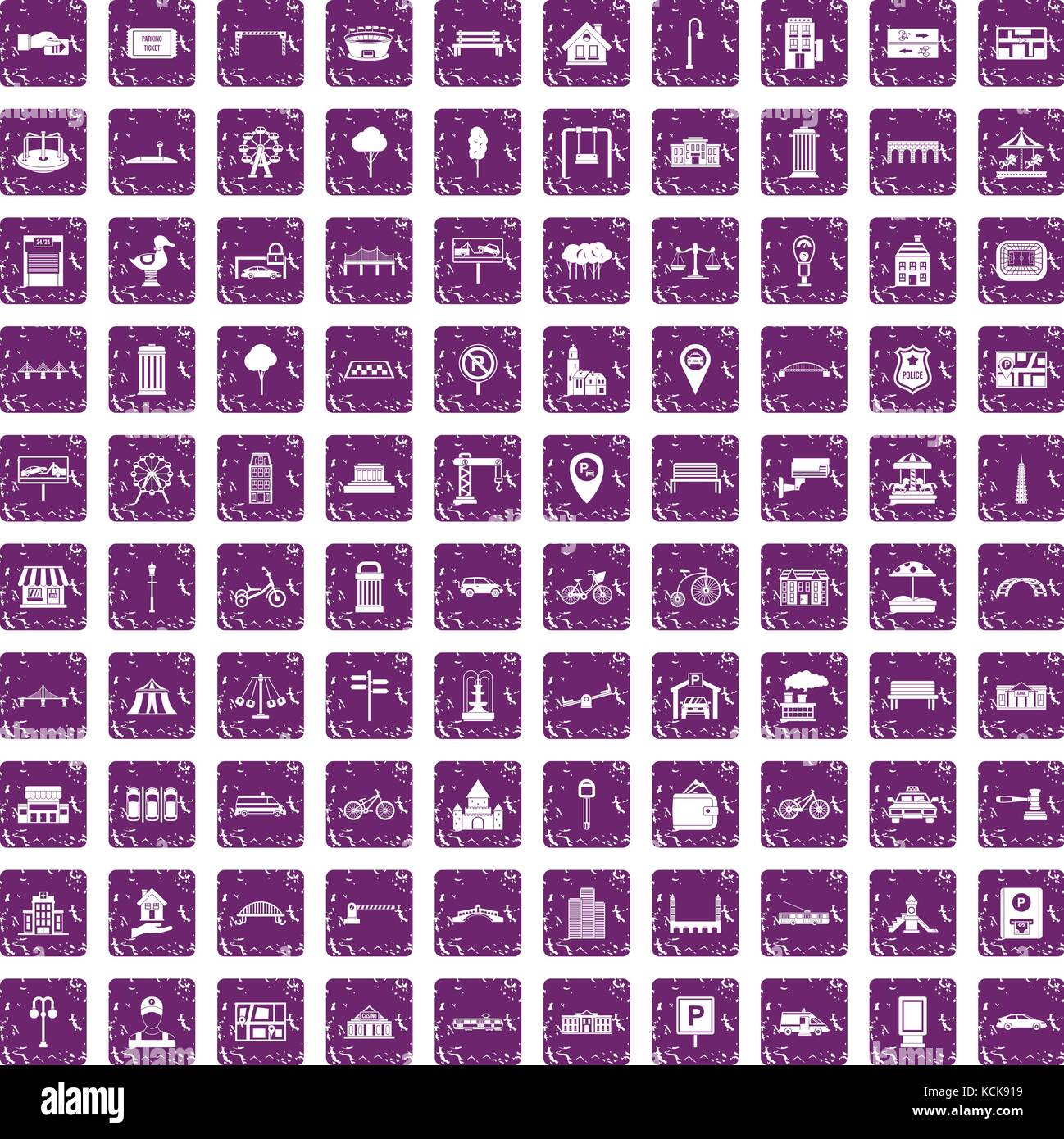 100 city icons set grunge purple Stock Vector